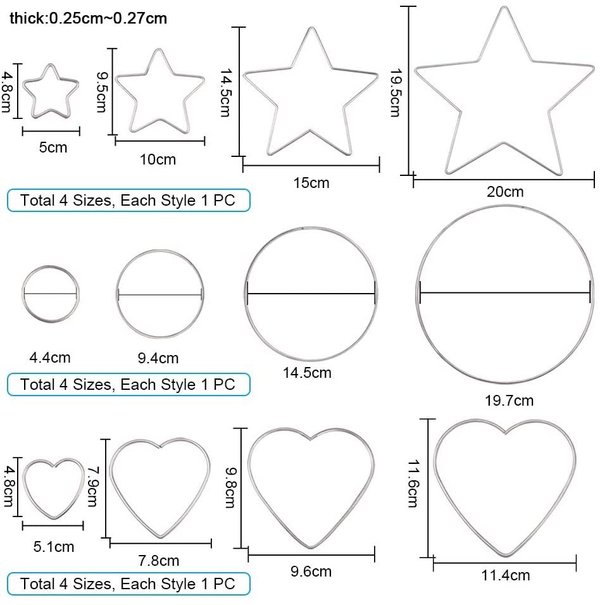 Metall Motive Ringe,  Sterne und Herzen 12 Stück