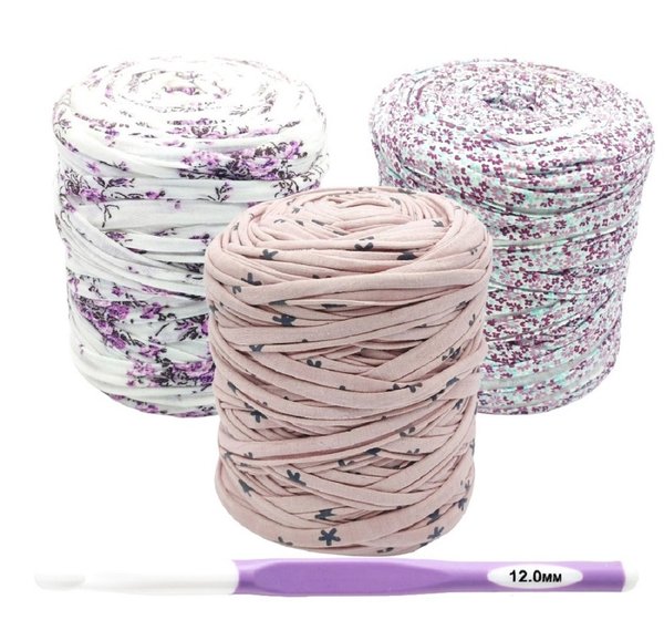 Textilgarn Nici’s® 3er Set 2kg Rosa mit 12 Häkelnadel für Textilgarn